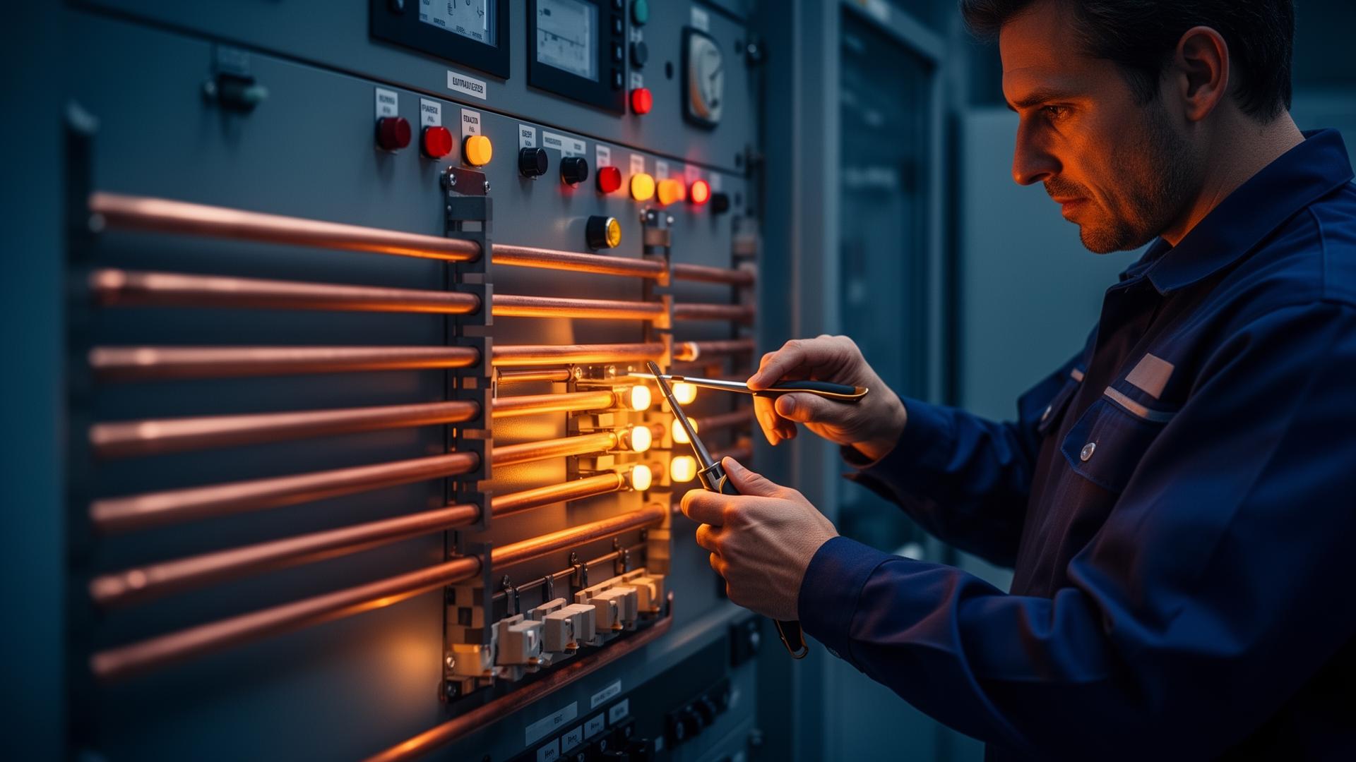 Elektrotechnicus aan een industrieel schakelbord met koperen rails